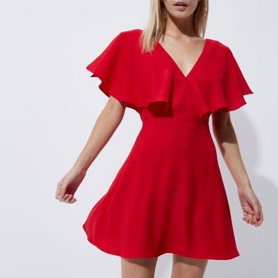 Petite Red Cape Sleeve Tea Dress