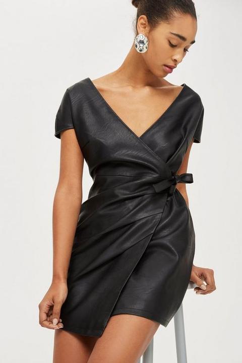 Womens Faux Leather Wrap Mini Dress - Black, Black