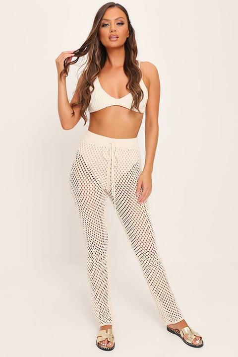 Cream High Waist Crochet Trousers from 