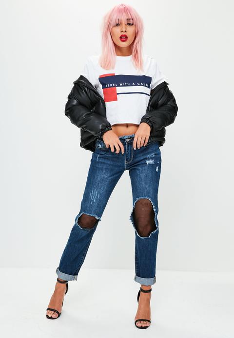 Blue Low Rise Ripped Mesh Boyfriend Jeans
