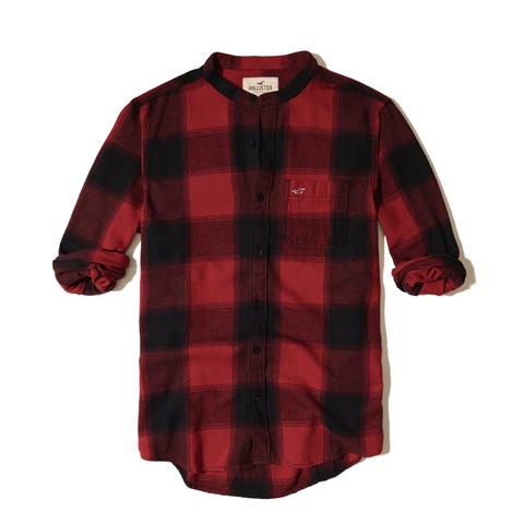 Banded Collar Patterned Flannel Shirt