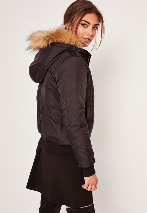 Black Faux Fur Hood Padded Bomber Jacket