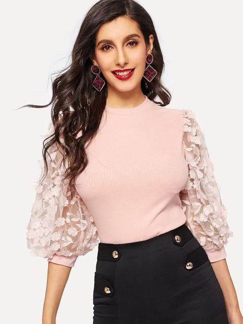 Camiseta Tejida De Canalé Aplique Con Encaje De Manga Farol