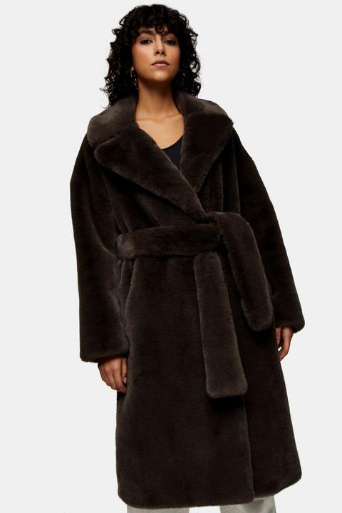Charcoal Grey Belted Long Faux Fur Coat, Grey Faux Fur Coat Long