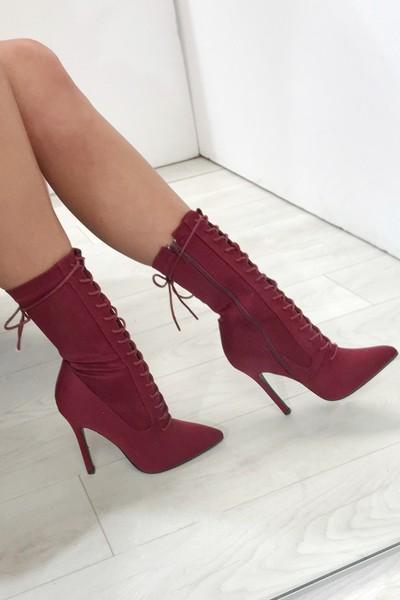 Megan Mckenna Wine Pointed Lace Up Heeled Ankle Boots