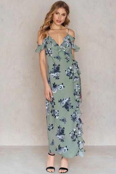 Na-kd Boho Cold Shoulder Flower Printed Long Dress - Green,multicolor