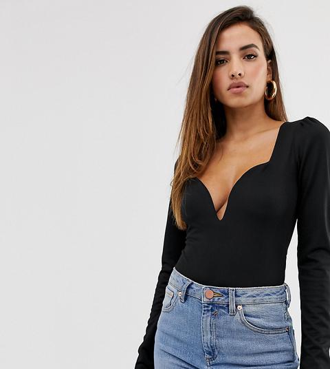 Body Con Diseño Escotado Y Mangas Abullonadas En Negro De Prettylittlething