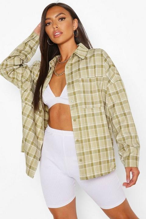 Womens Petite Oversized Check Shirt - Green - 4, Green