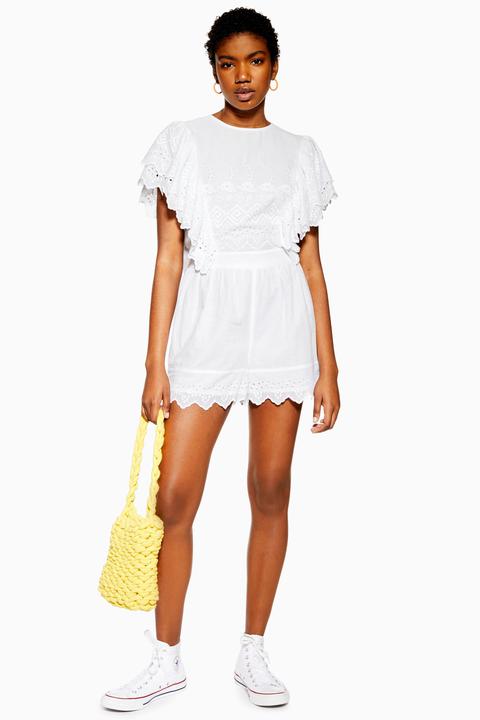 Womens Broderie Flute Sleeve Playsuit - Ivory, Ivory