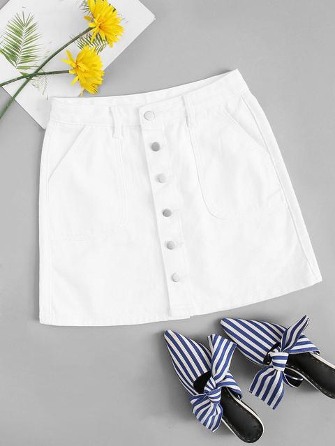 Slant Pocket Button Up Denim Skirt