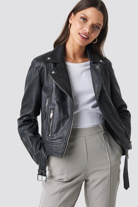 Belted Leather Jacket Schwarz