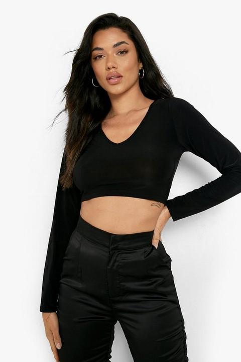 Womens Slinky V Neck Long Sleeve Crop Top - Black - 16, Black