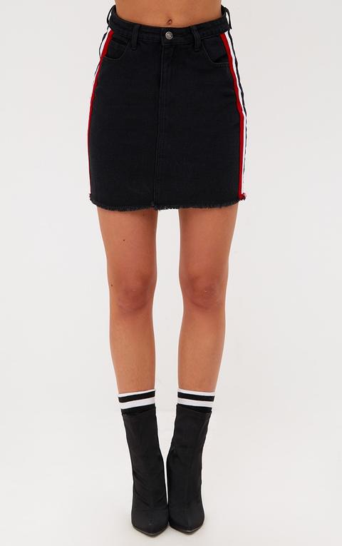 Black Sports Stripe Denim Skirt