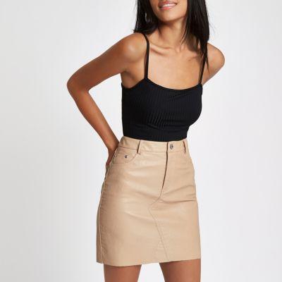 Beige Faux Leather Mini Skirt