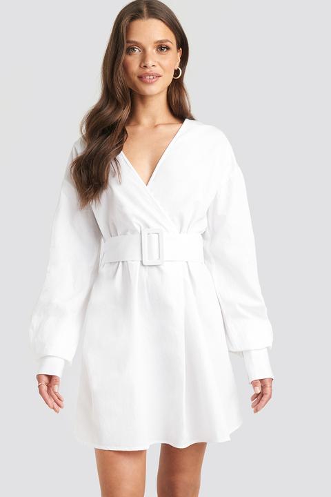 Belted Long Sleeve Shirt Dress White