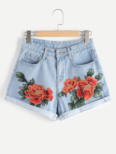 Rose Applique Cuffed Denim Shorts