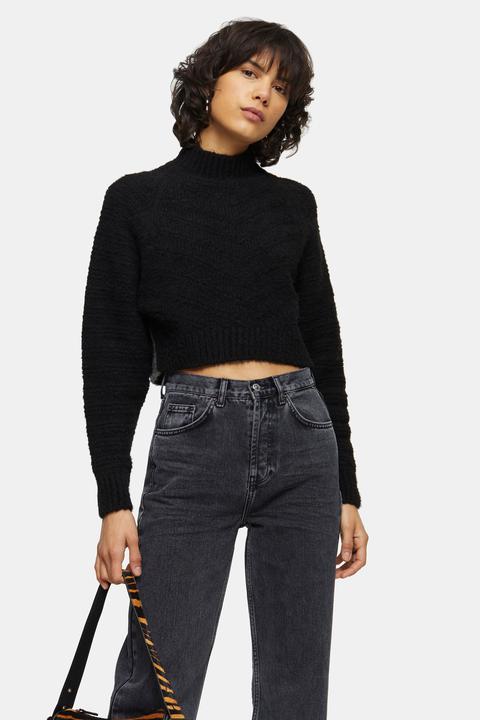 Womens Black Chevron Super Crop Knitted Jumper - Black, Black