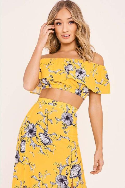 Billie Faiers Yellow Floral Frill Bardot Crop Top