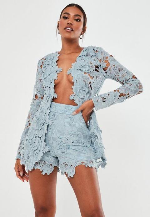 Blue Co Ord Crochet Lace Shorts, Blue