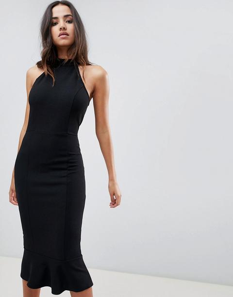 Girl In Mind - Vestito Midi Con Fondo A Volant E Collo Alto - Nero