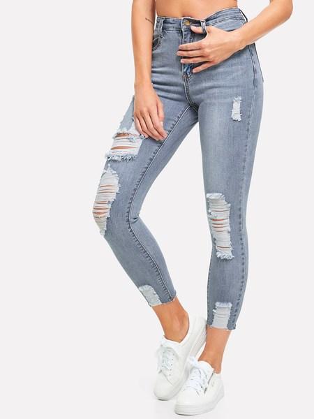 Casuale A Tinta Unita Strappato Blu Pantaloni Di Jeans