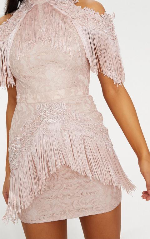 dusty pink cold shoulder lace tassel trim bodycon dress