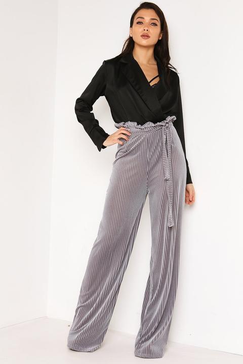 Grey Velvet Paperbag Wide Leg Trousers