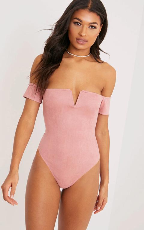 Carry Pink Suedette Bardot Thong Bodysuit, Pink