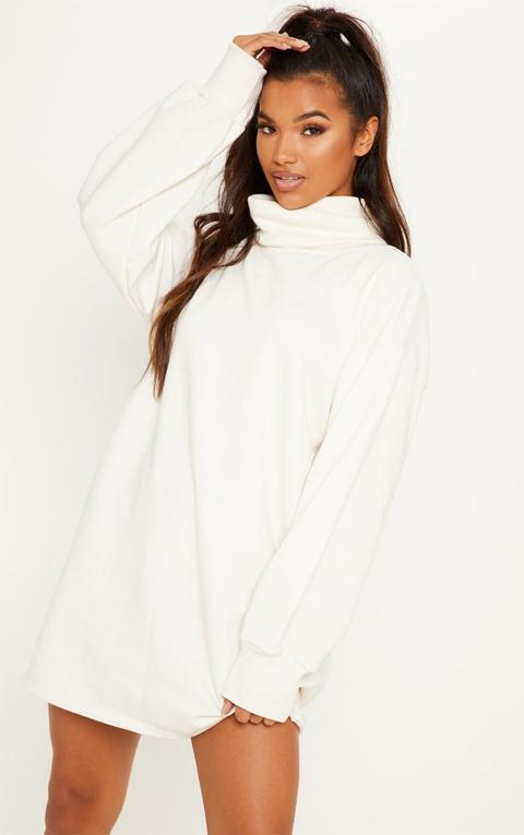 Cream Oversized Sweat Roll Neck Jumper Dress