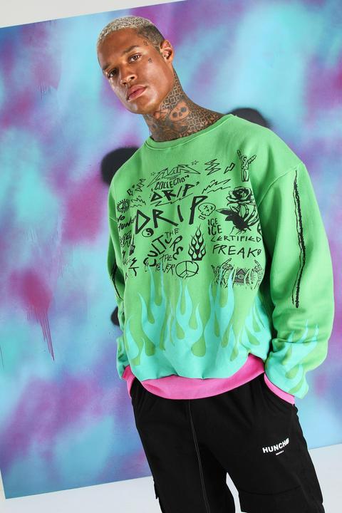 Mens Green Quavo Graffiti Print Flame Jumper, Green