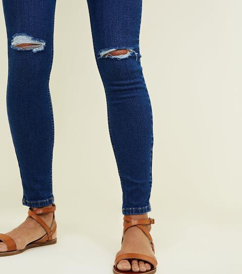 Bright Blue Ripped High Waist Super Skinny Hallie Jeans New Look