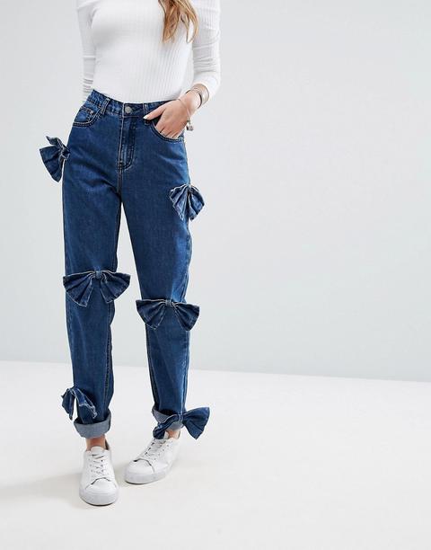 Glamorous - Mom Jeans Comodi Con Fiocchi Effetto Invecchiato - Blu