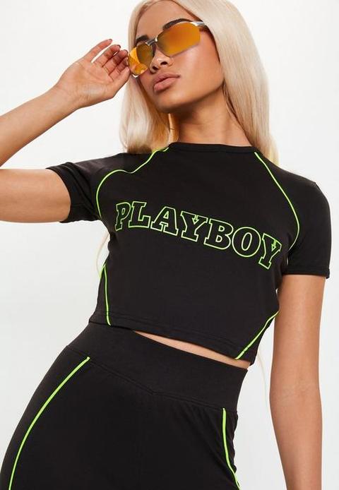 Playboy X Missguided Black Cropped Contrast Ringer T Shirt, Black