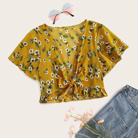 Blusa Con Diseño De Nudo Con Estampado Floral De Margarita Bajo Fruncido