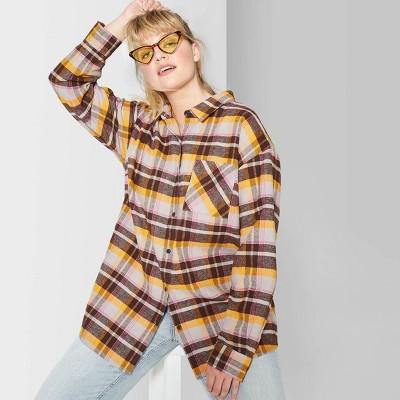 Women's Plus Size Plaid Long Sleeve Button-down Heavy Weight Flannel Shirt - Wild Fable Brown/gold/pink