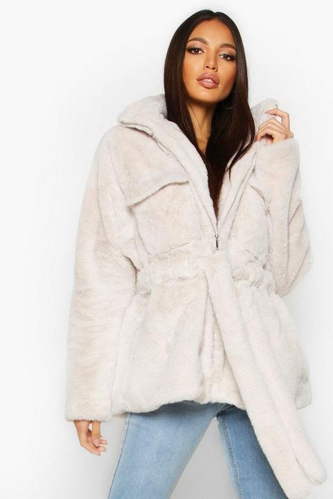 Womens Faux Fur Belted Utility Jacket - White - 16, White