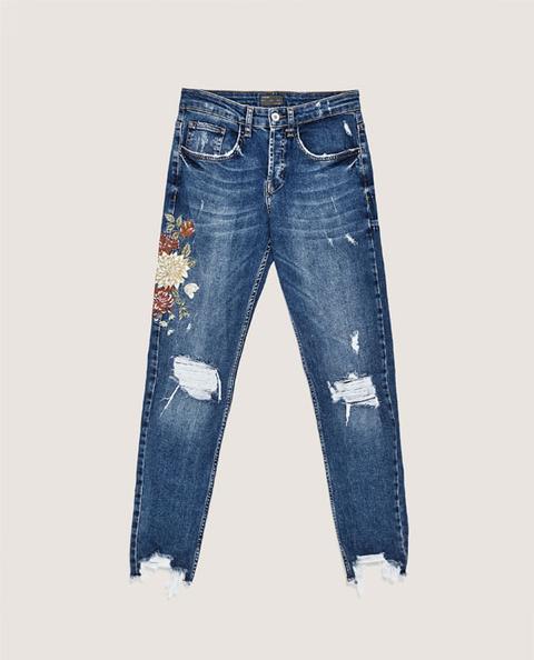 Denim Skinny Ricami E Strappi