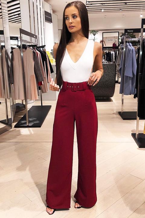 Wine Tailored Wide Leg Belted Trousers - Chenelle