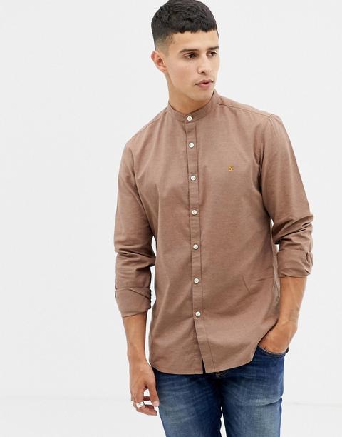 Farah - Steen - Camicia Slim Testurizzata Con Collo Serafino Marrone - Marrone