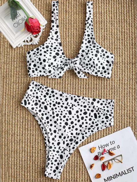 Bikini Annodato A Pois Con Taglio Alto White Red