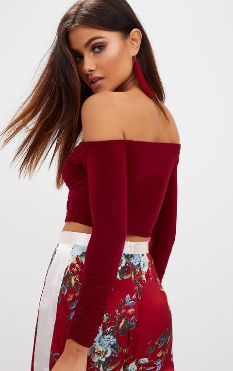 Burgundy Slinky Bardot Longsleeve Crop Top