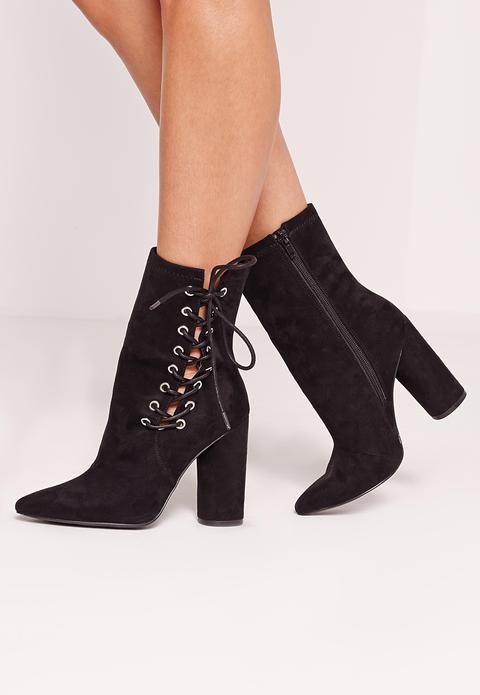 Black Faux Suede Eyelet Lace Up Heeled Ankle Boots