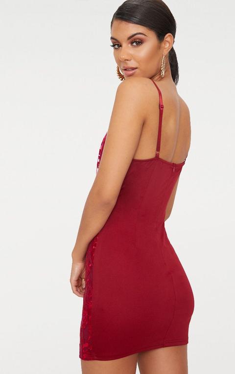 red embroidered lace detail plunge bodycon dress