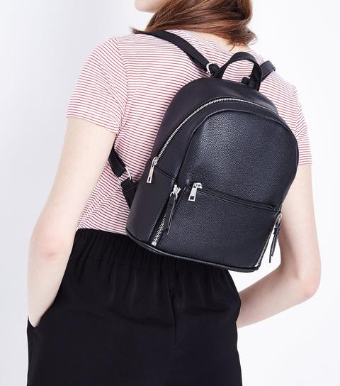 Black Zip Top Curved Mini Backpack New Look