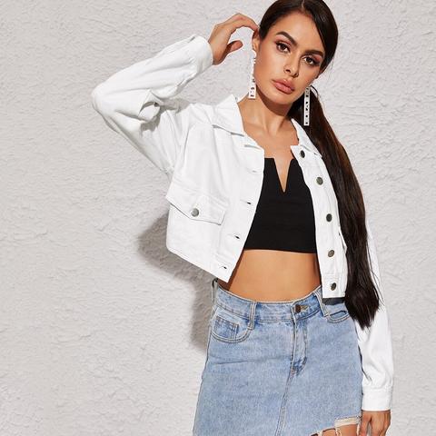 White Wash Button Pocket Front Crop Denim Jacket