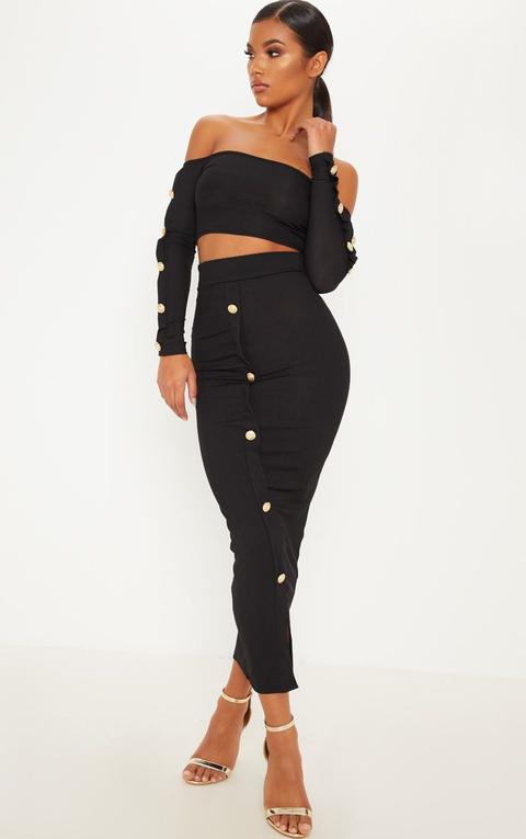 Black Rib Bardot Button Detail Crop Top & Midaxi Skirt Set