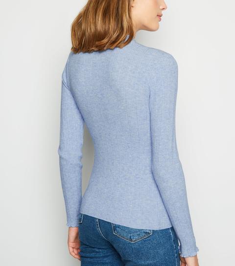 Blue Marl Ribbed Frill Trim Jumper New Look