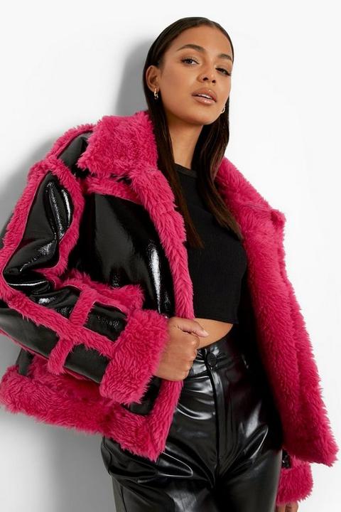 Womens Faux Fur Trim High Shine Aviator Jacket - Pink - 10, Pink