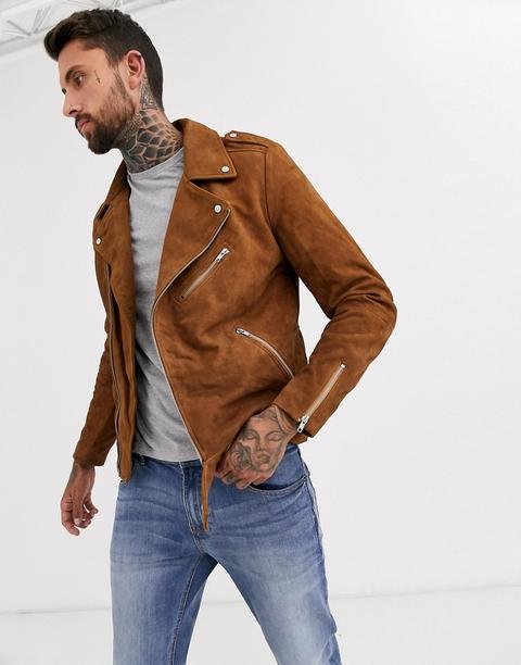 Asos Design Suede Biker Jacket In Tan-brown