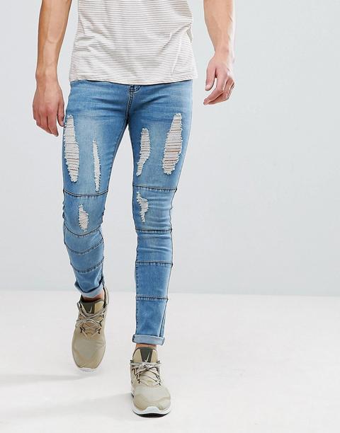 Boohooman - Jeans Skinny Lavaggio Chiaro Con Pannelli E Strappi - Blu